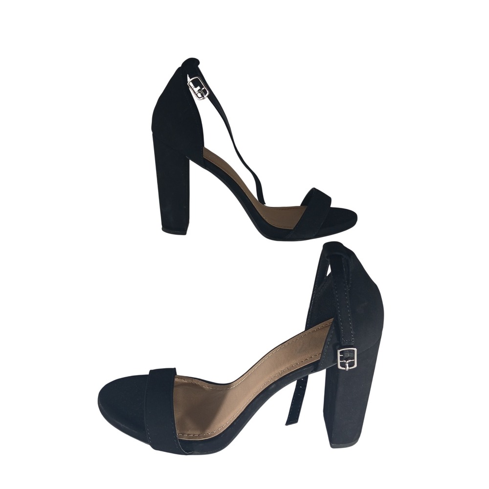 Y Not? Shiner Sandals 9.5M Black Block Heel Minimalist Strappy Faux Suede